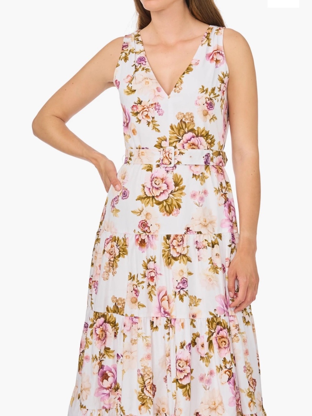 Ted Baker White Floral V-Neck Tiered Maxi Dress with Pink and Olive Accents